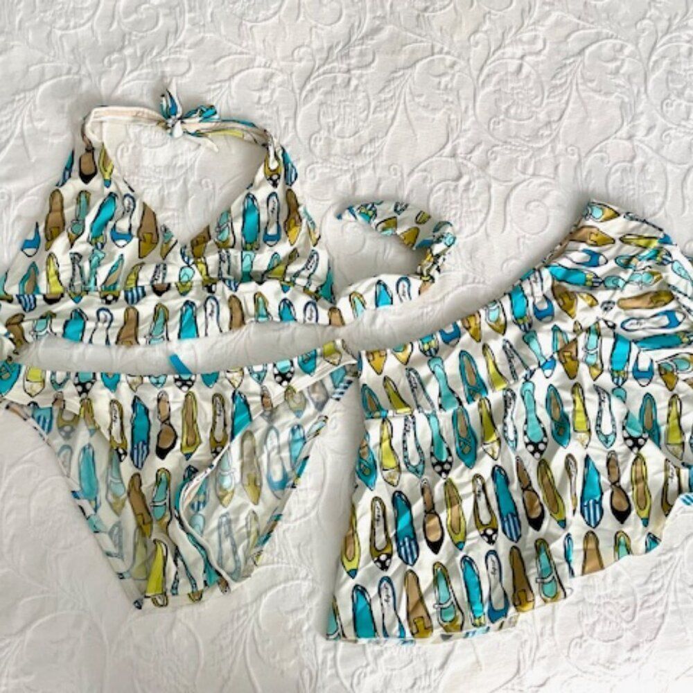 BCBGMaxAzria Swim Halter Bikini with with Swim Skirt Shoe Print Size Large